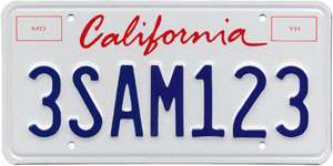 A California license plate. The plate has a plain white background. At the top is the word 'California' in a red handwriting-like font, and below that is the registration number in dark blue ('3SAM123').