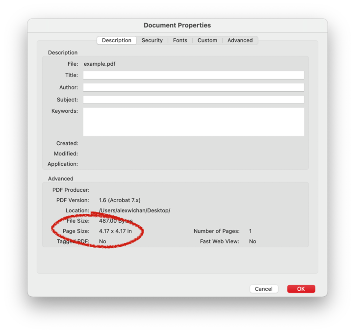 Screenshot of Acrobat’s ‘Document Properties’ panel, showing the page size of 4.17 x 4.17 in.